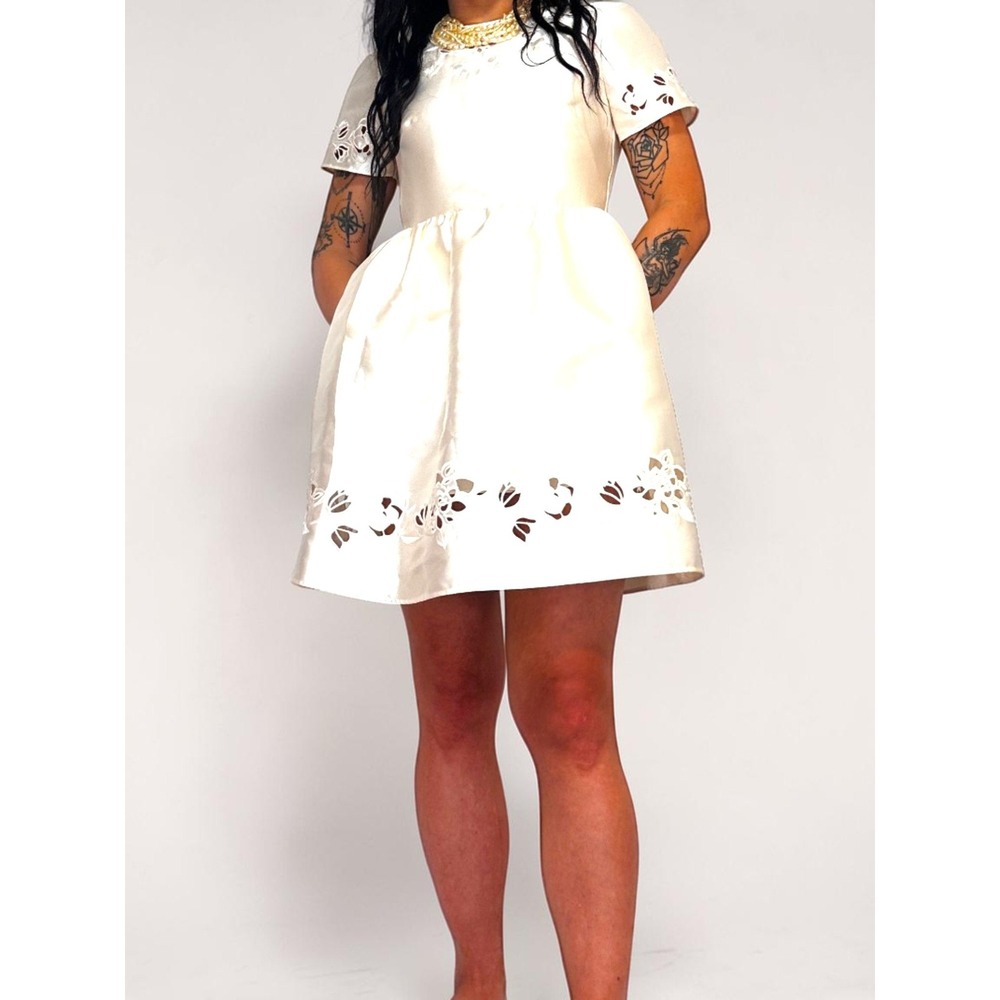 Kate Spade French Cream Embossed Cutout Dress K6362 White Satin Fit Flare 2